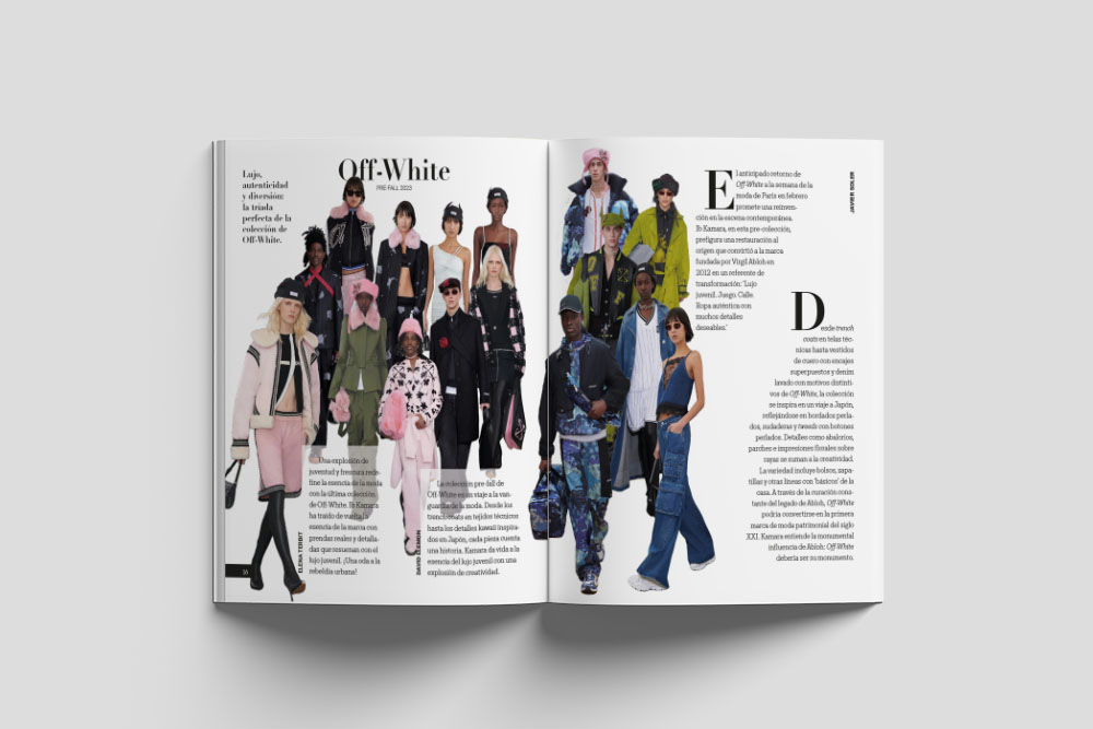 Design of page 2 of a fashion magazine, featuring a creative visual composition that highlights the latest trends and captures the essence of contemporary style.