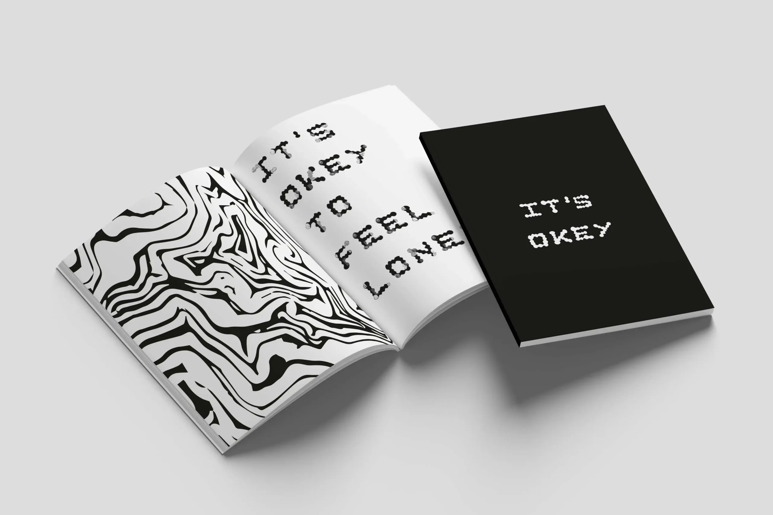 Editorial design of page and cover of a fanzine, showcasing typography created with textures and organic shapes, highlighting creative and unique graphic design