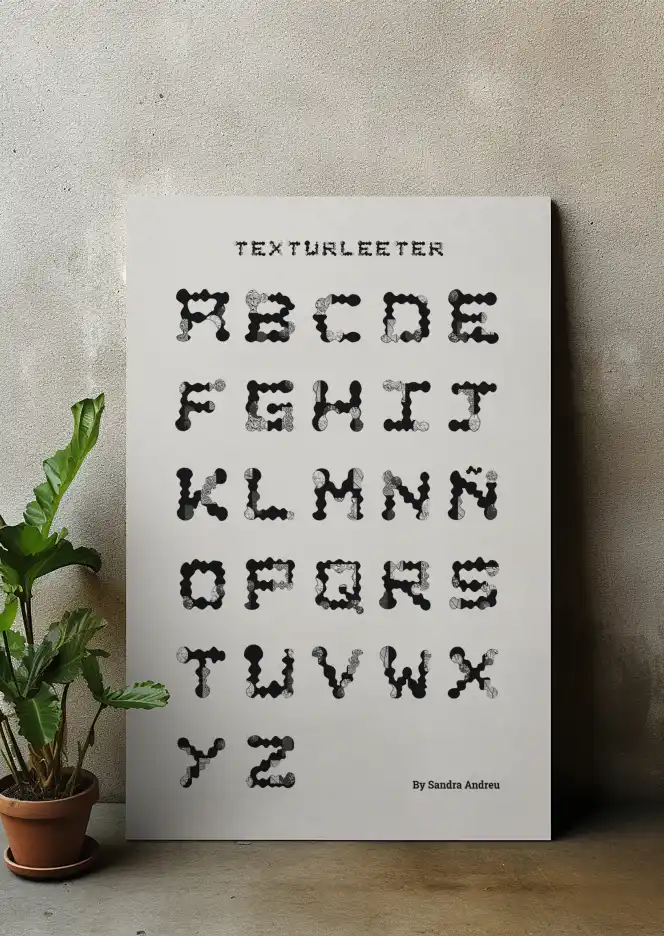 Alphabet poster design, created from textures and organic shapes, with a creative and visually appealing style that combines natural elements in each letter.