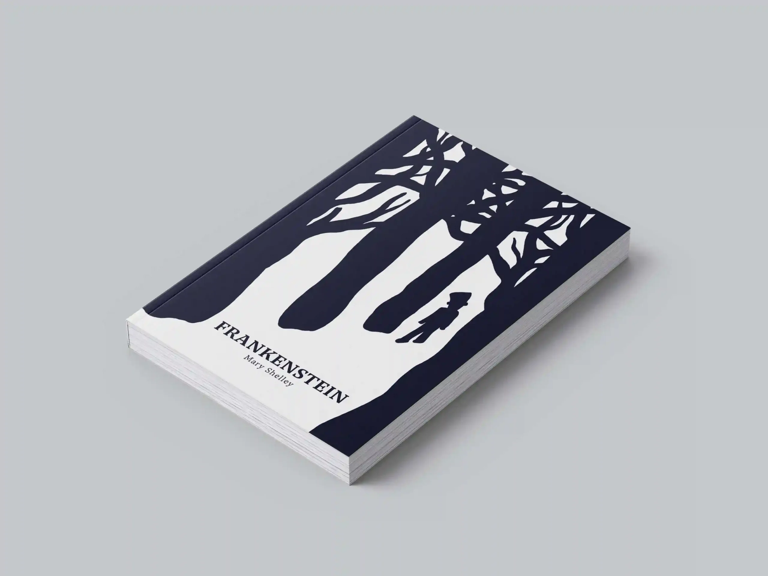 Editorial design of the Frankenstein book cover, version one, with a minimalist approach that captures the dark and profound essence of the story.