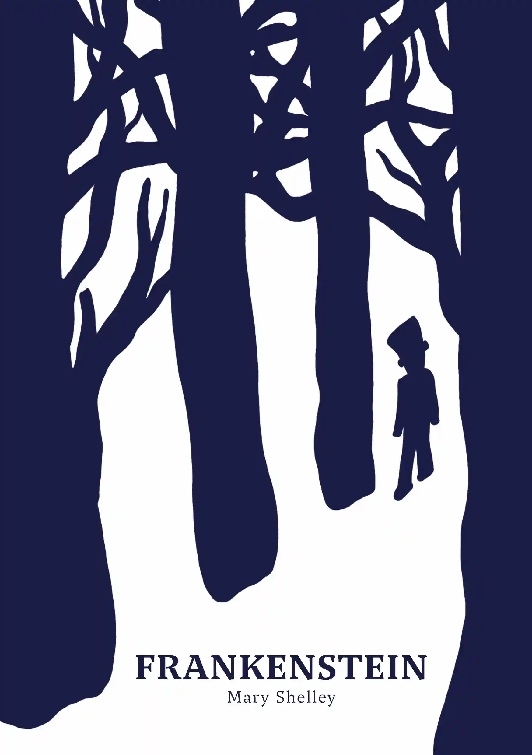 Frankenstein book cover illustration, version one, with minimalist design and deep meaning, reflecting the dark essence of the story.