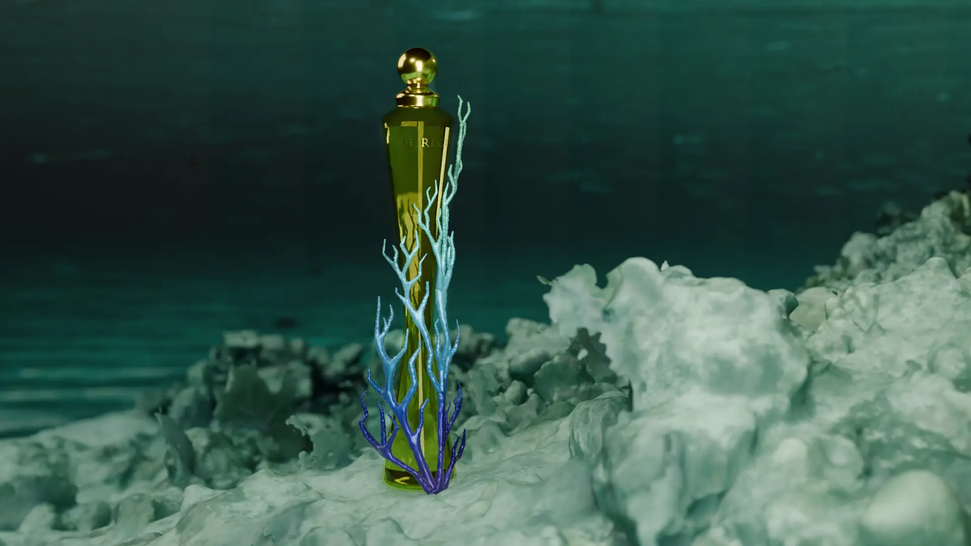 Product design project: perfume in blue version, inspired by coral reefs, showcasing a creative and elegant design in a detailed representation.