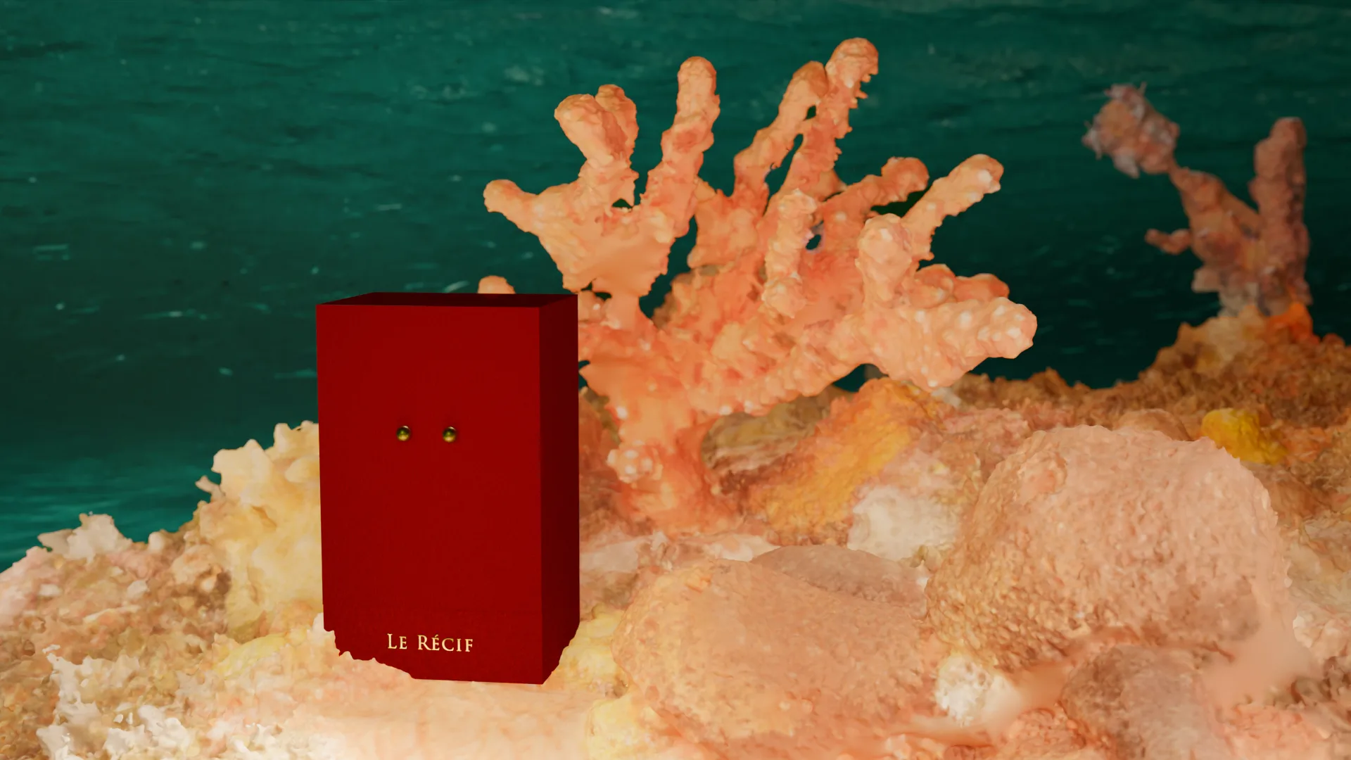 Product design project: a perfume and its 3D-rendered packaging inspired by coral reefs, red version, with the packaging doors closed and a front-facing view, highlighting the elegance and creative design of the packaging.