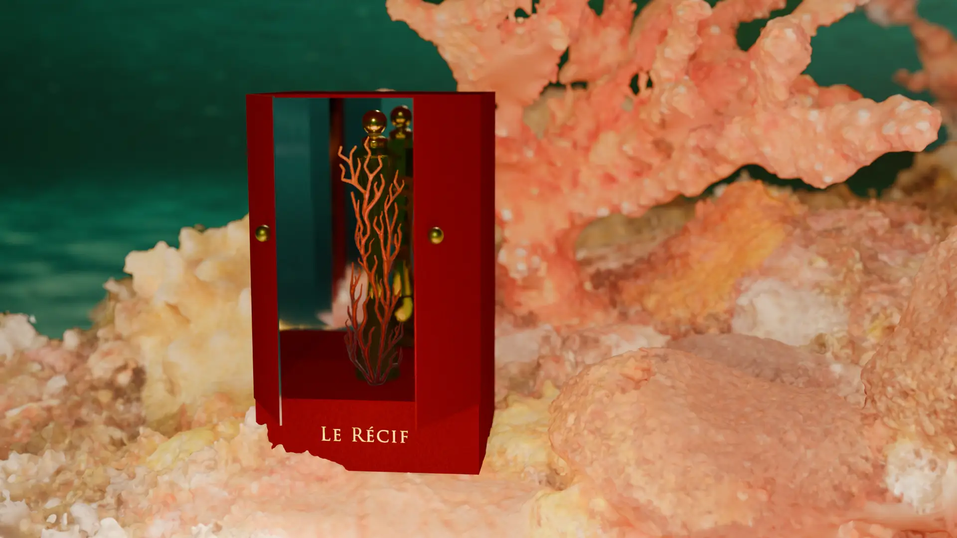 Product design project: a perfume and its 3D-rendered packaging inspired by coral reefs, red version, with the packaging door slightly open revealing the perfume inside, featuring a creative and striking design.