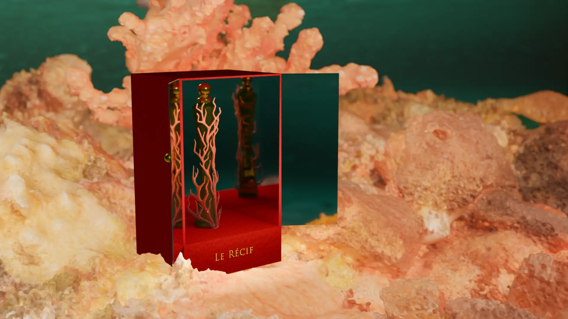 Product design project: a perfume and its 3D-rendered packaging inspired by coral reefs, red version, with both packaging doors open, fully showcasing the perfume and highlighting the creative and elegant design.