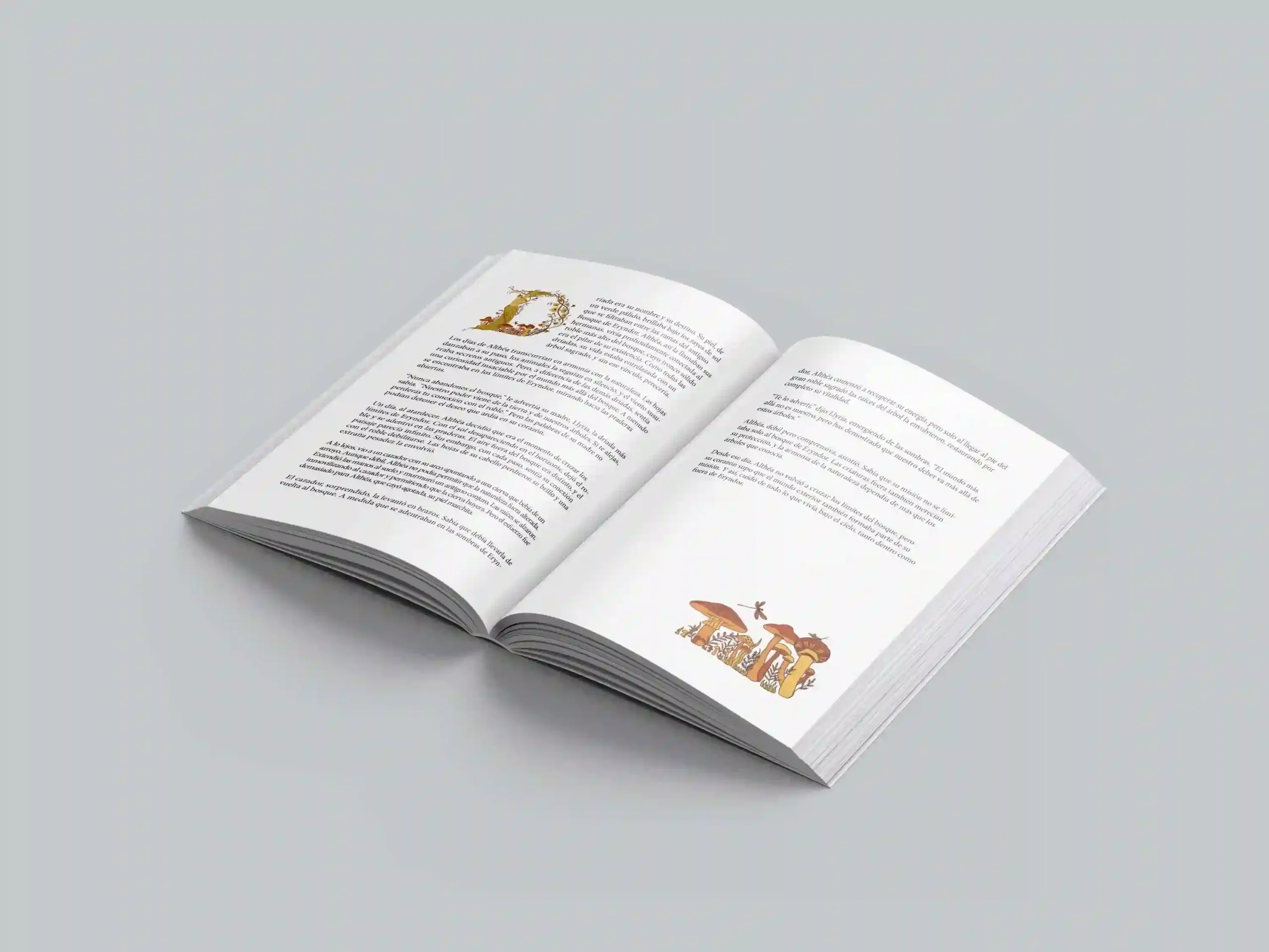 Editorial design of a short story, featuring an illustration of a capital letter inspired by dryads and nature, enhancing the book's creative and narrative style.