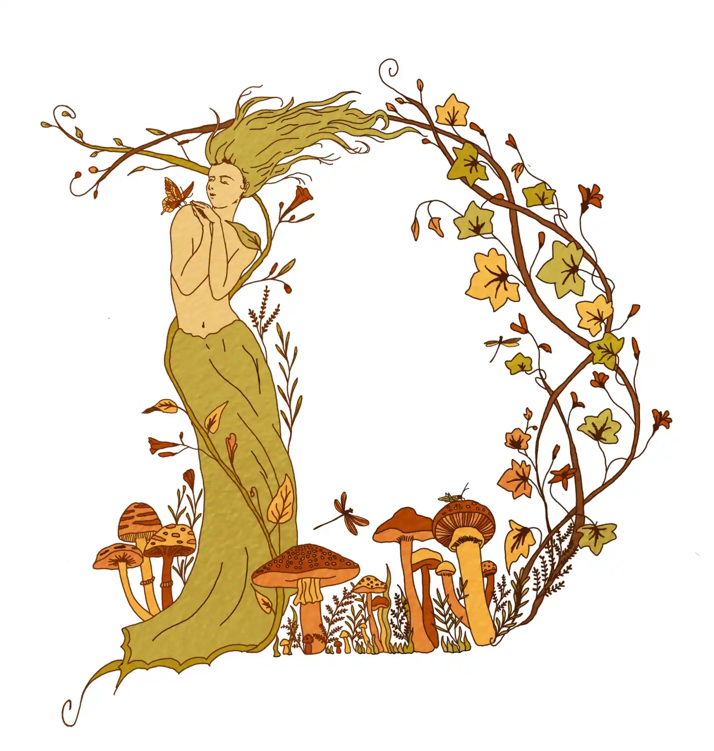 Illustration of a capital letter inspired by dryads and nature, featuring details that evoke a creative and organic design.