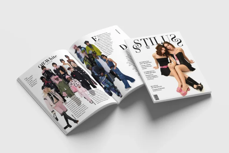 Fashion magazine design, including the cover and interior pages, featuring an elegant and contemporary style that highlights the latest trends and the visual aesthetics of fashion.