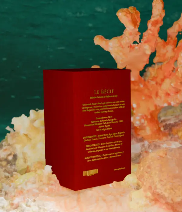 Product design project: a perfume and its 3D-rendered packaging inspired by coral reefs, red version, back view of the packaging, highlighting the textured details and creative design.