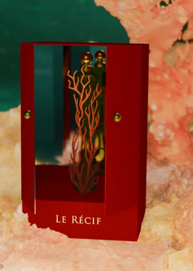 Product design project: a perfume and its 3D-rendered packaging inspired by coral reefs, red version, with the packaging door slightly open revealing the perfume inside, featuring a creative and striking design.